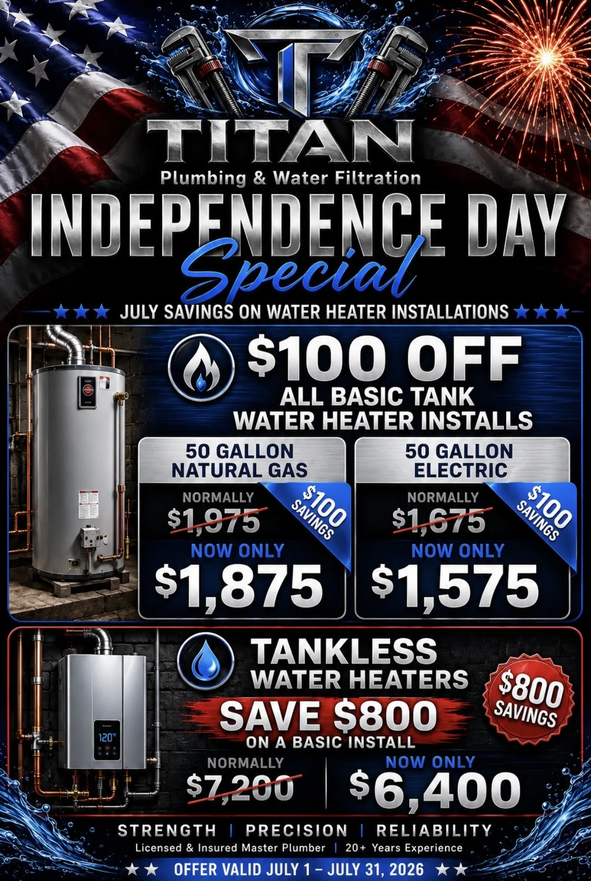 Titan Plumbing Independence Day Special: $100 off basic tank water heater installs (50 gallon gas now $1,875, electric now $1,575) and $800 off a basic tankless install (now $6,400). Valid July 1 to July 31, 2026.