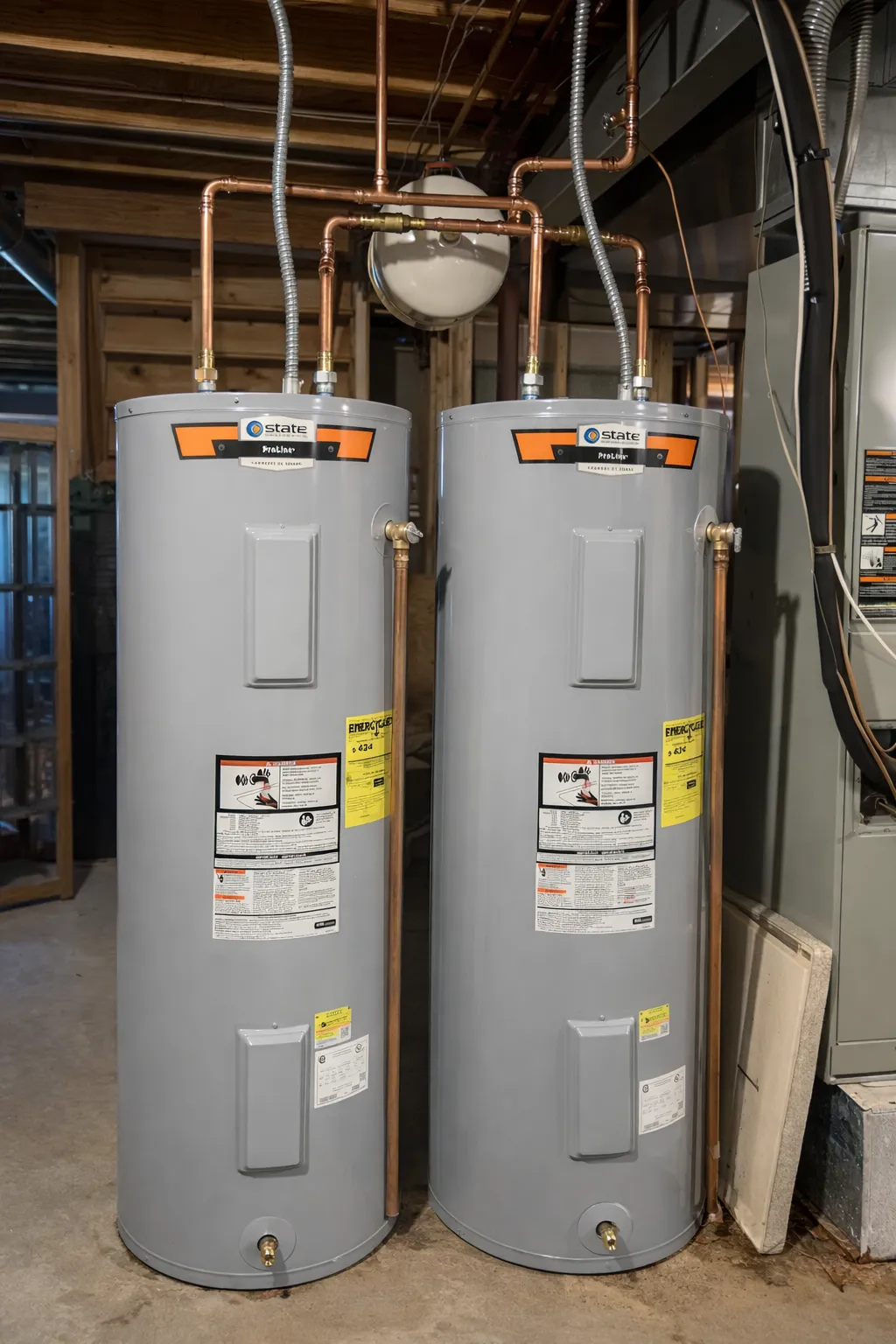 Two 50-gallon electric water heaters installed in tandem